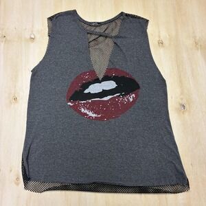 Vintage Y2K Cleo Apparel Tank Top Women Medium Gray Lips Graphic Mesh Cutout Tee